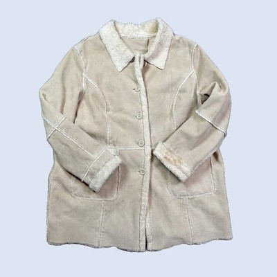 WESTBOUND Leather Suede Patchwork Faux Fur Trim Lined Coat Jacket Women 2X Beige