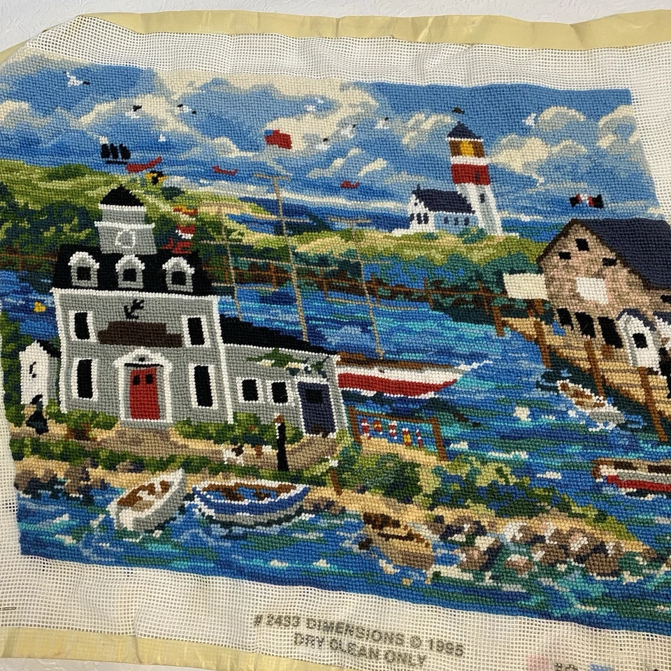 COMPLETE Vtg 1995 Dimensions Needlepoint PEACEFUL HARBOR 2433 Seaside Boat Dock - Image 2 of 4