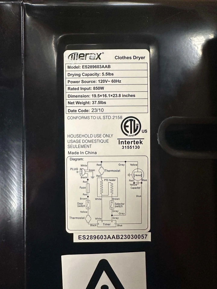 Secadora de ropa Merax modelo ES289603AAB capacidad de secado fuente de alimentación 5,5 lb Foto 2 de 4