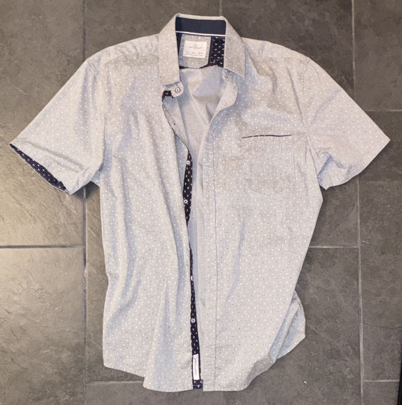 Craft & Flow Men's L Blue/White Geometric Short Sleeve Button-Up Pockets