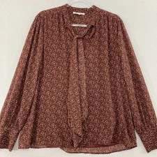DR2 Blouse size XL Brown Ditsy Floral Tie Front Long Sleeve Preppy Elegant