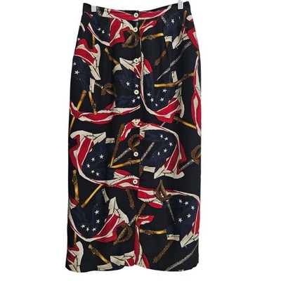 Ellen Tracy Midi Silk Skirt Womens 8 Navy American Flag Saber Button Front VTG