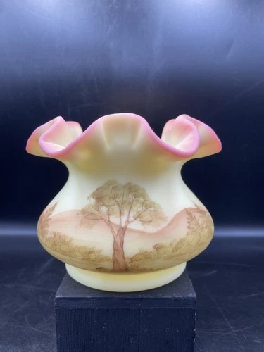 1970’s Fenton Burmese Landscape Rose Bowl Vase HP by Diane Johnson