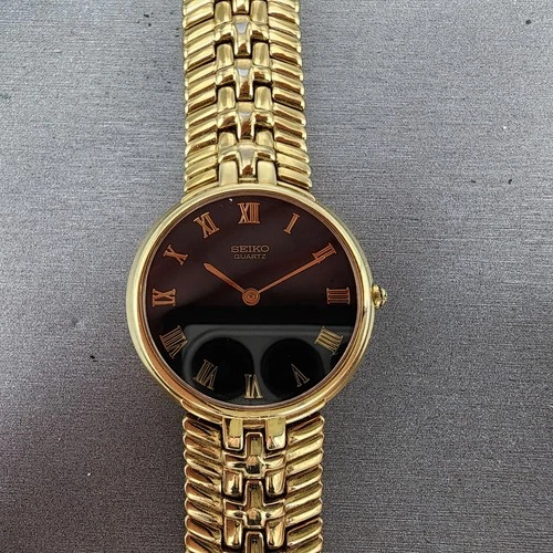 Seiko Watch Men 33mm Black Dial Gold Tone Round New Battery READ!!! 7N00-F070