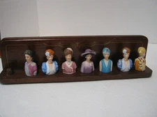 Vintage Avon American Fashion Thimbles (set of 7 ) and Mahogany Rack Display