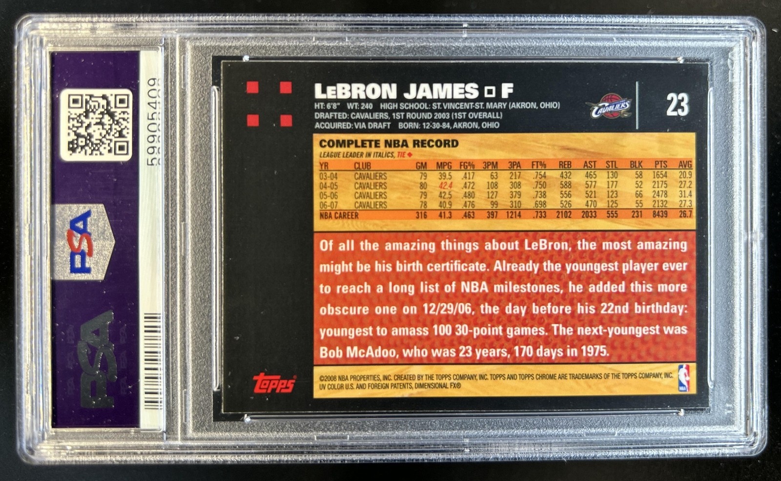 2007-08 Topps Chrome Lebron James #23 Cavaliers PSA 9 view 2