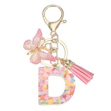 Alphabet Initial Letter Keychain Cute Charm with Tassel Butterfly Letter D Pink