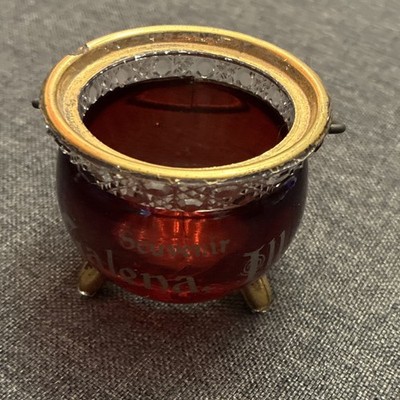 Galena IL Souvenir Red Glass Open Salt Cellar w/ Gold-Tone Metal Rim, Footed