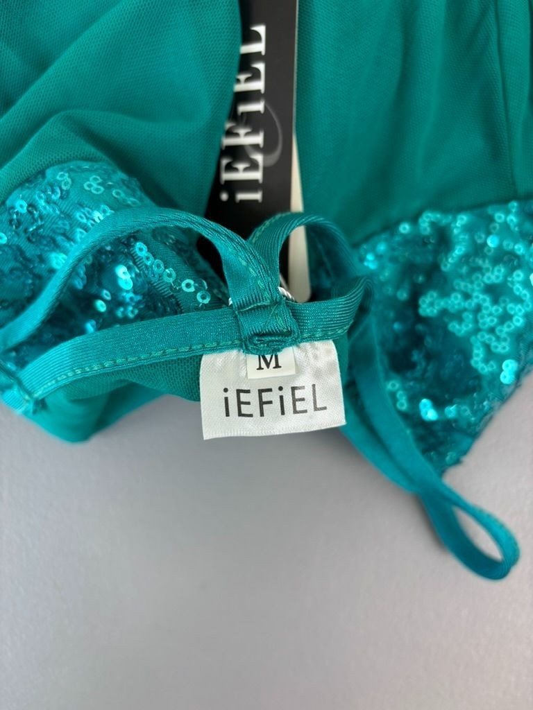 iEFiEL women's adult medium teal green sequin skirted leotard dance wear soloist