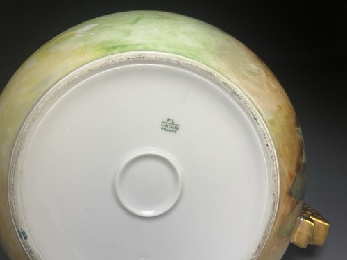 PL Limoges Frankreich handbemalter Apfelweinkrug - Zitronengelb Grün Gold signiert - Bild 7 von 8