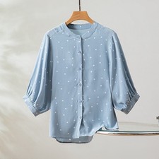 100 Mulberry Silk Women Blue Dots Button Up Half Sleeve Shirt Top Blouse QQ026