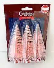 3pc Pink Cobblestone Corners Winter Village Peppermint Base Bottle Brush Trees