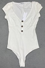 Image of Reformation Marten Bodysuit Top M Ivory Ribbed Knit Button Front Cap Sleeve Tee