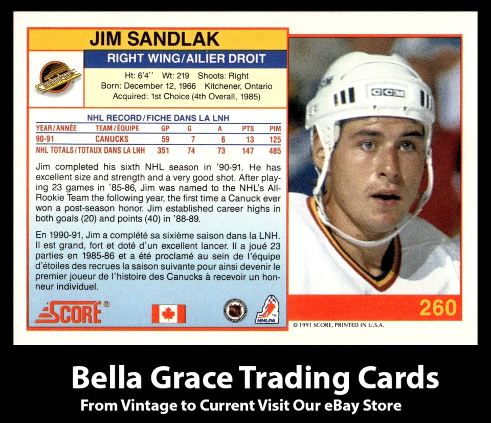 1991-92 Score Canadian Bilingual Jim Sandlak #260 Vancouver Canucks - Image 2 of 2