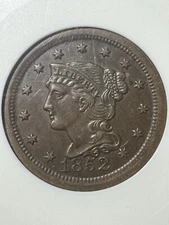1852 Braided Hair Large Cent AU50 ANACS Soap Box Holder Newcomb-12