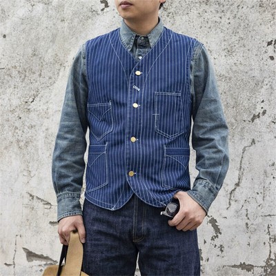 Red Tornado Herren Amekaji Wabash Indigo Stripe Westen Vintage Vest Workwear
