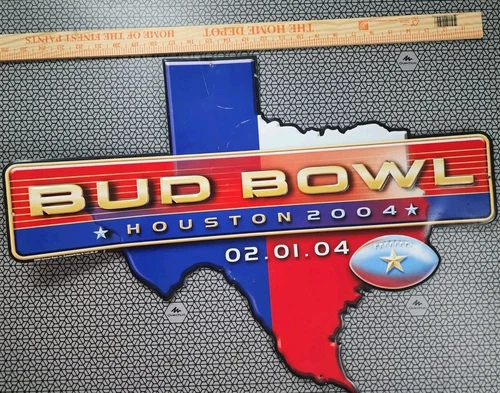 Vintage Budweiser Bud Bowl Bottle Metal Tin Beer Bar Sign Houston Superbowl