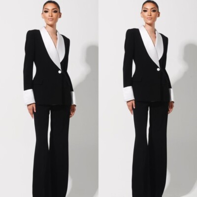 Fashion Suits for Women Patchwork Black White Slim Evening Party Jacket Ladies