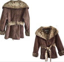 Vintage 90s LOIRE NY Faux Suede Fur Coat Size M Brown Luxury Wrap Belted Jacket