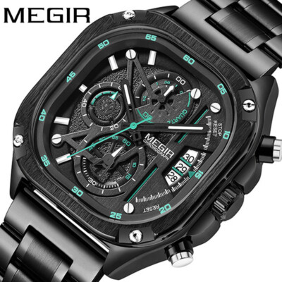 MEGIR Square Dial Chronograph Quartz Watches for Men Sports Male