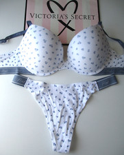 VICTORIA'S SECRET PINK Super Push-Up Bra  Panty Set 36D 38C 38DD Floral Blue VS