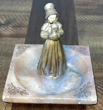 Art Deco Bronze Girl Figure on Marble Dish PETER TERESZCZUK Style