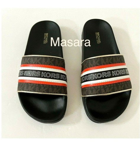 Women MK Michael Kors Gilmore Flat Slide Sandals Mini MK Logo Brown Multi
