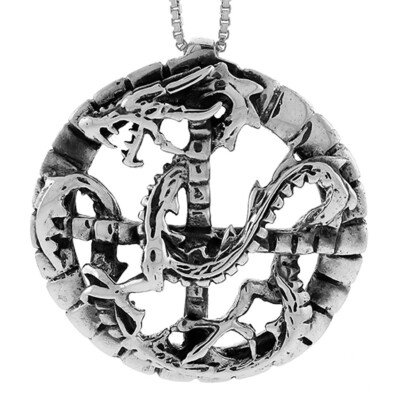 925 Sterling Silber Drache im Kreis Anhänger oxidierte Oberfläche 1 5/16 (33mm) Zoll