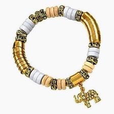 ELEPHANT Stretch Lucky Charm Bracelet Goldtone  White-Clear Rhinestones