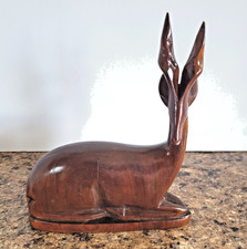 Hand Carved Wood African Antelope Ibex Gazelle Figurine Statue Vintage 6 1/2" T