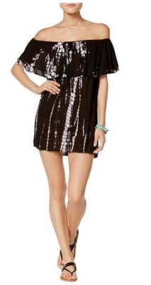 Raviya Mini Dress Size Small Black White Tie Dye Off Shoulder Ruffle NWT APR346