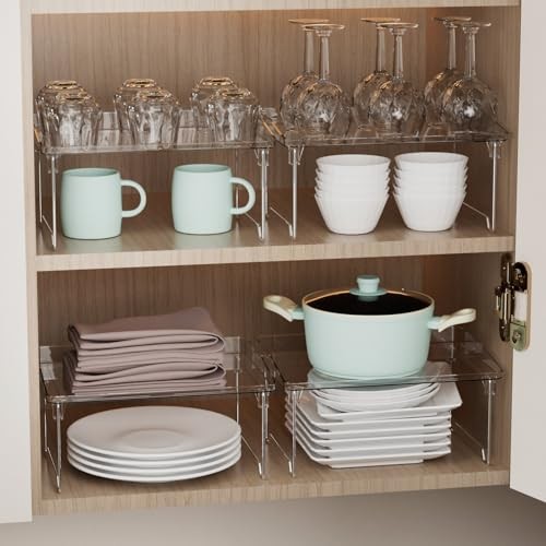 2 Pcs Cabinet Organizer Shelf，Stackable Kitchen Counter Shelves, 2 pack clear