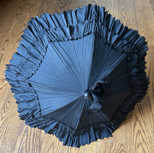 Victorian Antique Black Silk Parasol Gothic Mourning Tiered Ruffled Umbrella