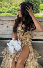 Amarra Gold Sequin Formal Gown with Ruffle Skirt Size 6 Elegant Evening Dress