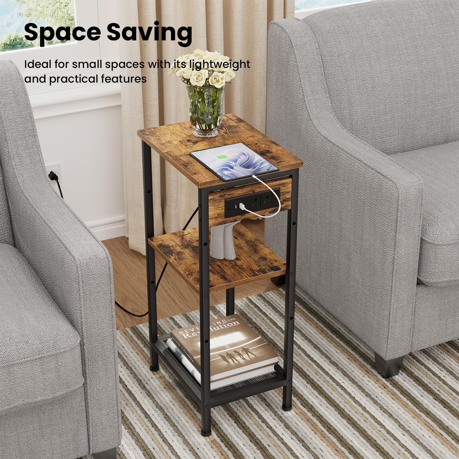 Creso hom Tall End Table with Fast Charging Station 3 Tier Narrow Side Table ...