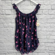 Cinema Etoile Nightgown Size M Navy Blue Pink Flowers Silky Shiny Short New