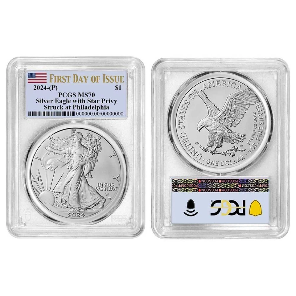 2024 (P) $1 американский серебряный орел звезда Privy PCGS MS70 FDOI флаг этикетка - Изображение 3 из 3