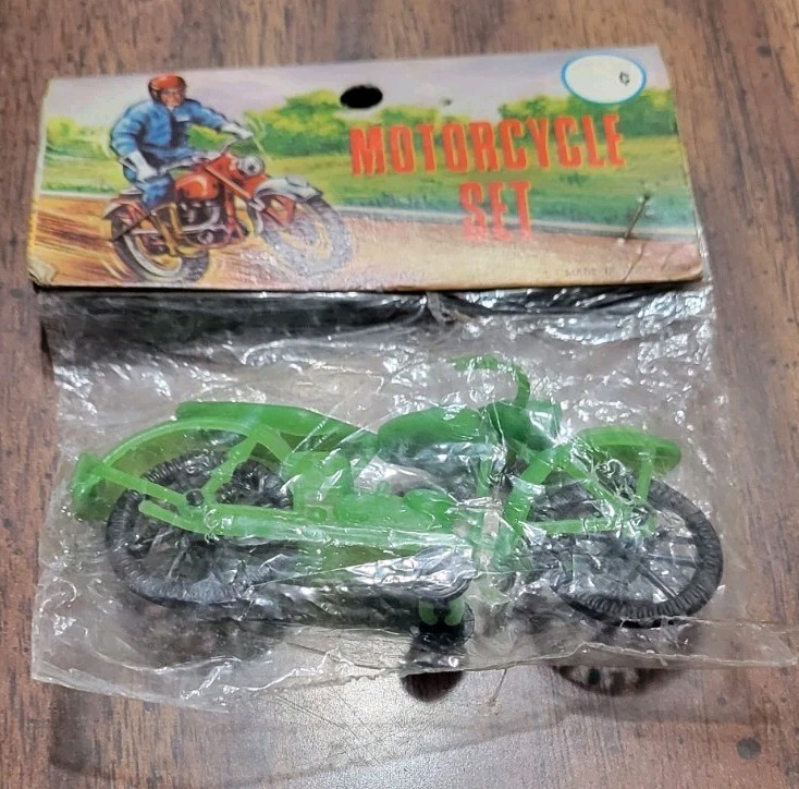 Vintage MIP Green Motorcycle Set Made In Hong Kong.