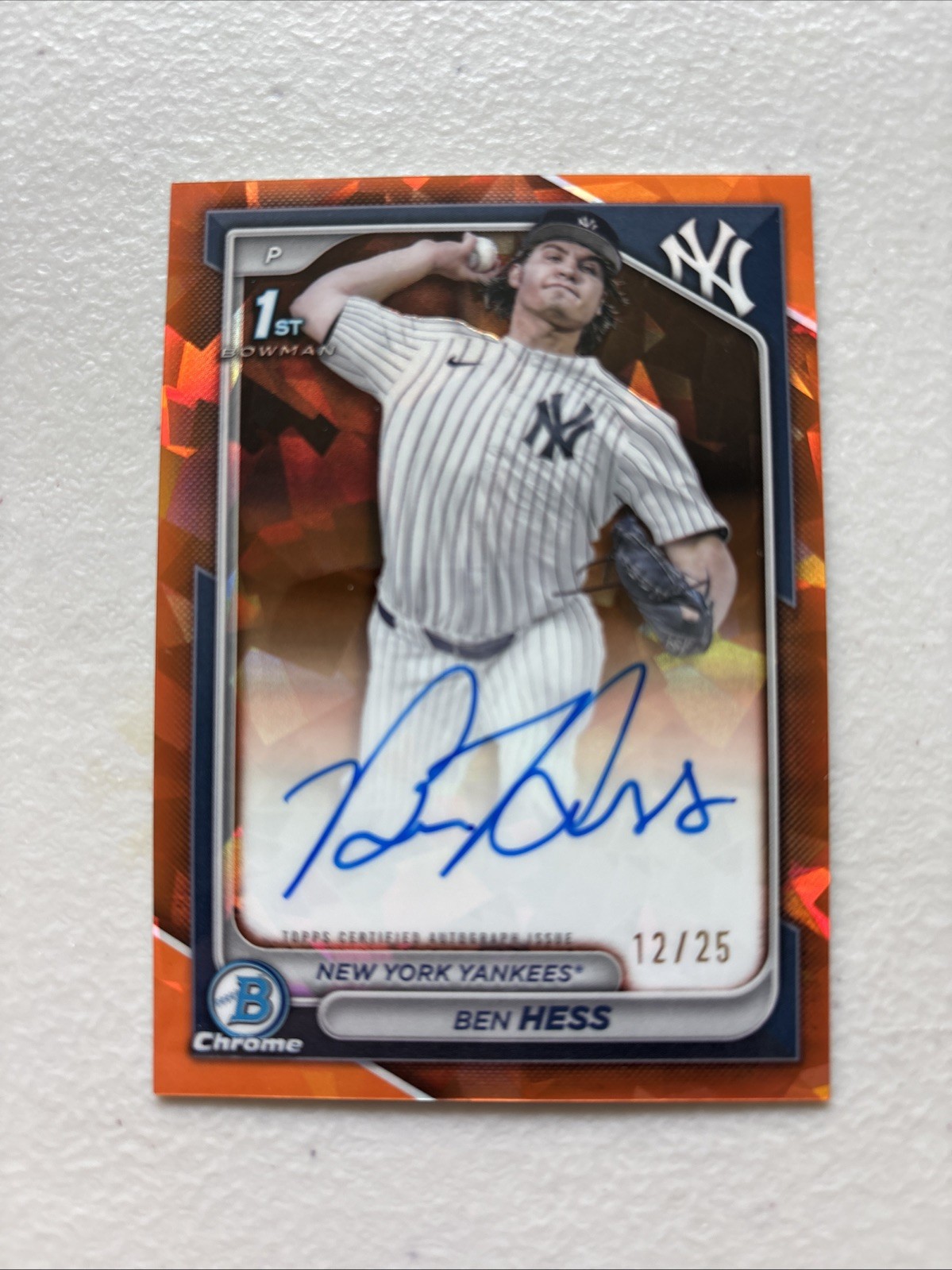 ⚾️ 2024 Bowman Draft Sapphire Ben Hess Chrome Auto Orange 1st #12/25 Yankees 📈