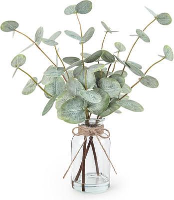 Artificial Eucalyptus Stems in Glass Vase with Faux Water, 13.5'' Fake Plants for