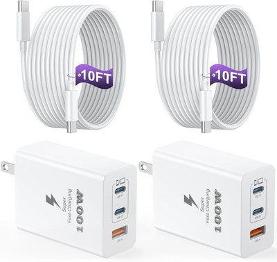 USB C Charger Block 100W, 3-Port GaN Super Fast Charger, Type C 10 FT White