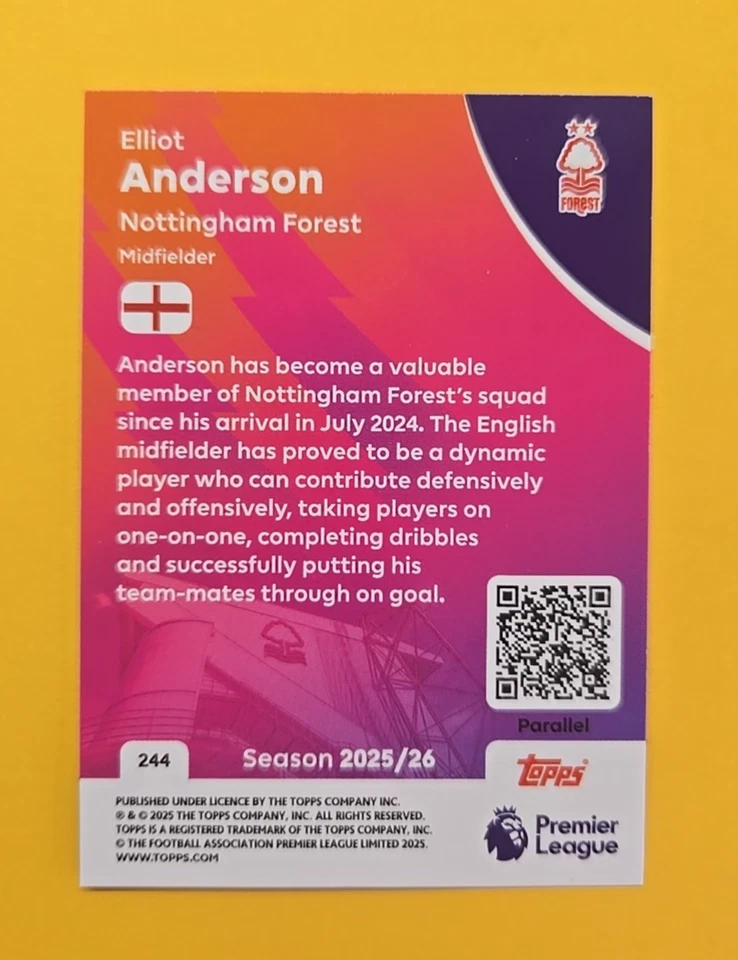 Elliot Anderson - Nottingham Forest - Topps 2026 - Pink Sparkle - #244 - 106/399 - Image 2 of 2