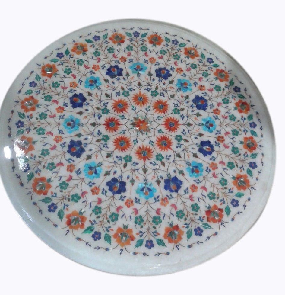 18-inch Round Handcrafted Pietra Dura Marble Table Top with Side/End Inlay