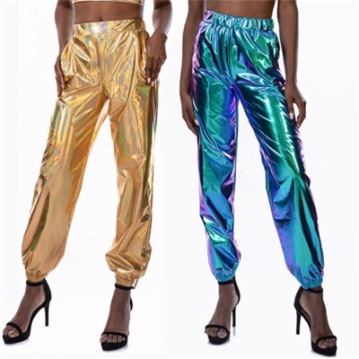 Womens Metallic Shiny Jogger Pants High Waisted Harem Pant Hip Hop Trousers 