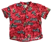 Vintage Paradise Found Mens 2XL Rayon Hawaiian Shirt Motorcycle Wood Buttons Red