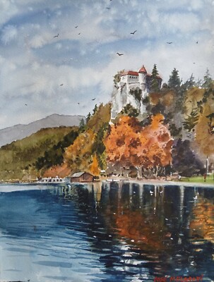 Watercolor Original Painting   Bled Castle, Slovenia 12'' x 16'' NOT A PRINT