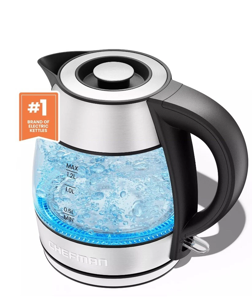 Chefman Rapid Boil Glass Kettle 1.2 Liter 1500 Watts for Fastest Boiling Speed