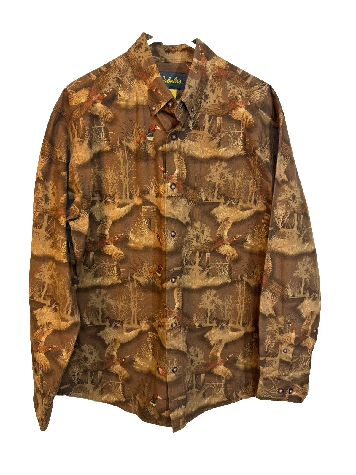 Cabelas Shirt Mens Large Button Camouflage Birds Dog Camo Hunting Hiking