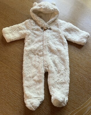 Janie Jack Baby Faux-Fur Hooded Ivory One-Piece W/Snap Closure Sz6-9m EUC 
