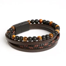 Men's Layered Braided Leather Beaded Bracelet With Tiger Eye, Natural Stone